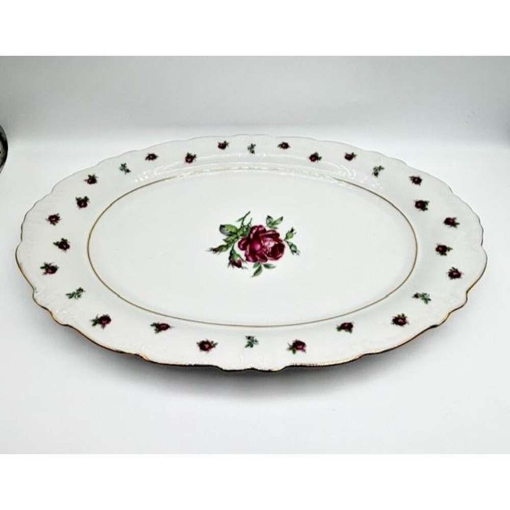 Treasure Chest Bavaria China First Love Oval Platter Pink Rose Gold Trim 12"x 8"